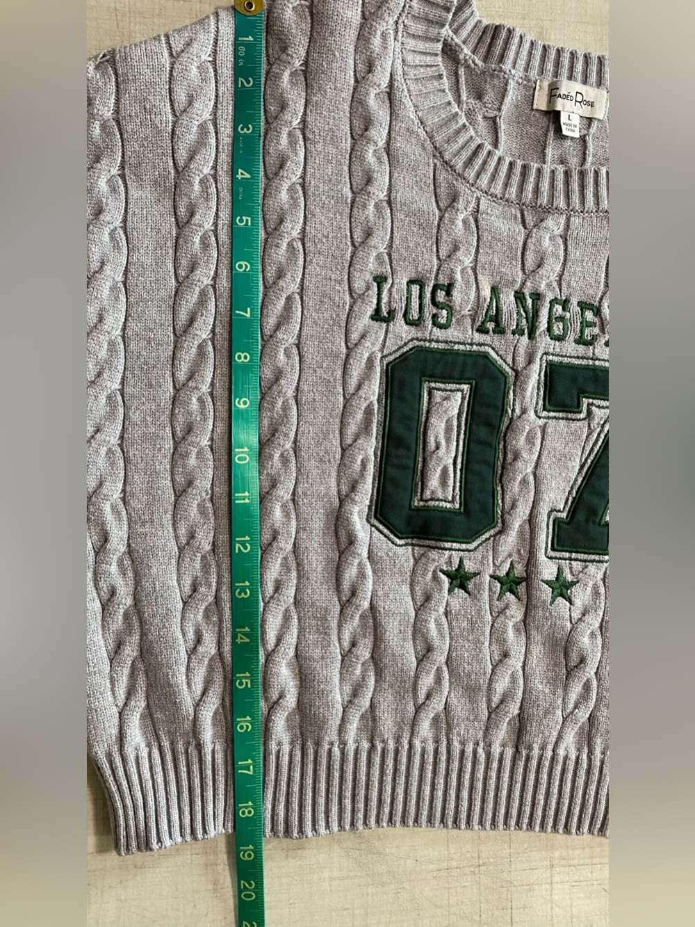 Faded  Rose Los Angeles 07 Cable Knit Cropped Sweater - Gray with Green Applique - Picture 8 of 9